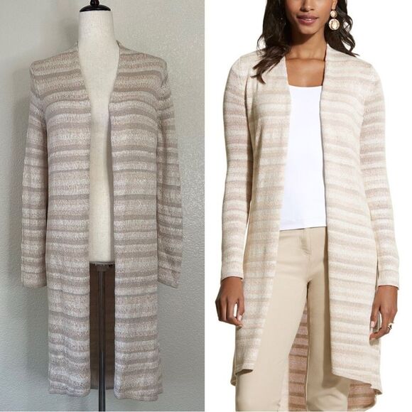 Chico's Kennedy Subtle Striped Textured Open Front Long Cardigan - Picture 1 of 13